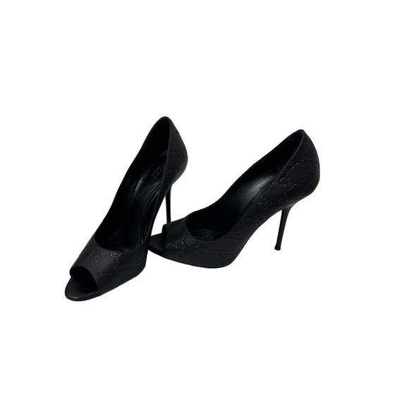 Gucci Size 9/39 Guccissima Black Leather Logo Open Toe Pumps - Picture 4 of 8